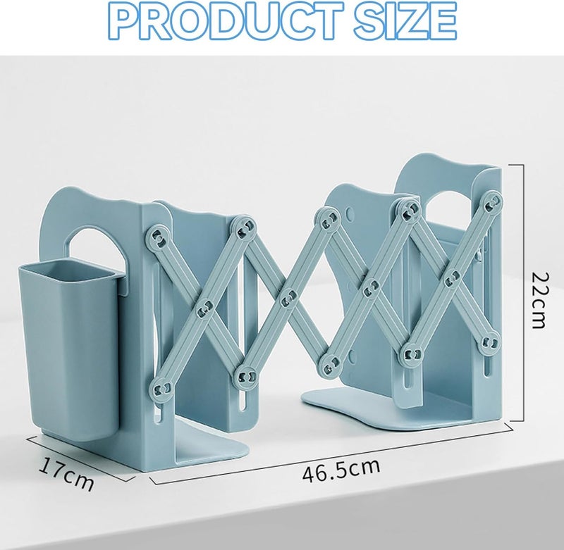 Bukela Book Holder, Adjustable Bookends, Metal Book Ends for Books Papers Magazines Albums DVDs Desks Binder Organizer Holder for Home,Office,Classroom with Pen Holder,Extends up to 19 inches (Blue) - Image 2